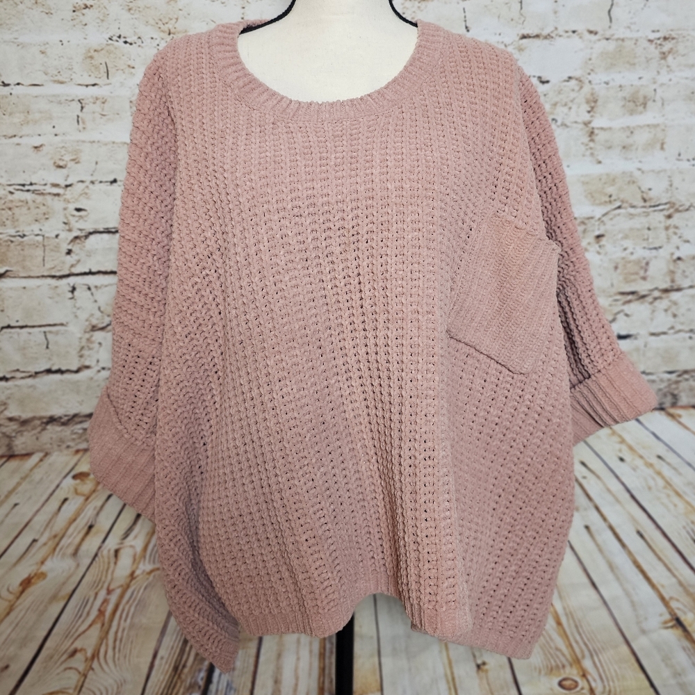POL Oversized Chunky Chenille Sweater Boxy Women’s Size M Pink 3/4 Sleeve